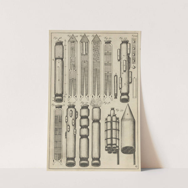 Plate G: Rockets mounted to sticks (1650) by Jacob van Meurs