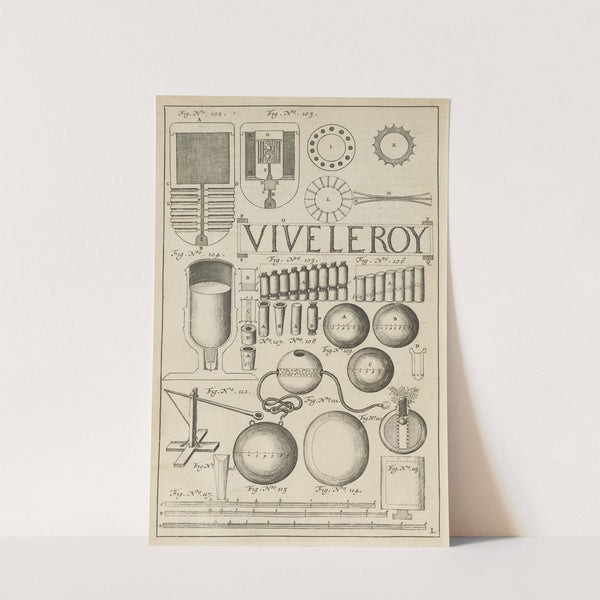 Plate L: Fireballs shot from a mortar: crackers: military hand grenades: military mortar-fired grenades: military grenade parts and instruments (1650) by Jacob van Meurs