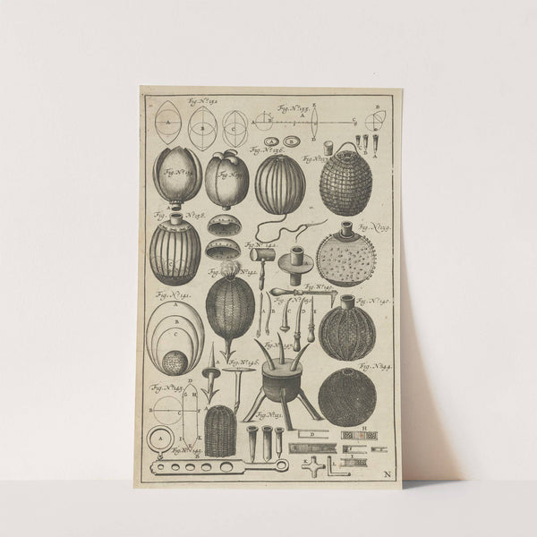 Plate N: Patterns for cutting military fireball bags: manners of sewing military fireball bags…. (1650) by Jacob van Meurs