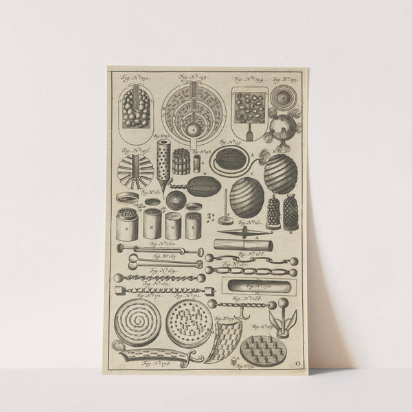 Plate O: Composite fireball weapons: specialty fireballs: case shot: trundle and chain shot: pyrotechnic shields: fire weapon (1650) by Jacob van Meurs