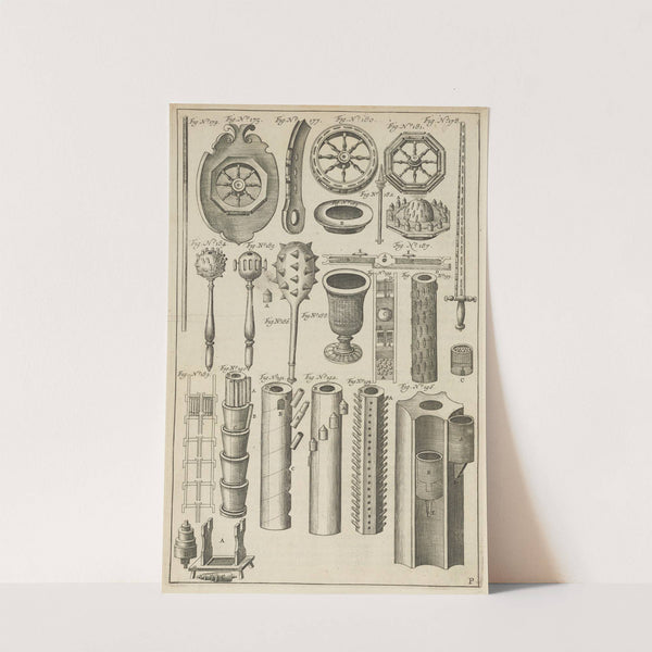 Plate P: Pyrotechnic shield: pyrotechnic hand weapons: fire wheels and their parts: pyrotechnic cases (1650) by Jacob van Meurs