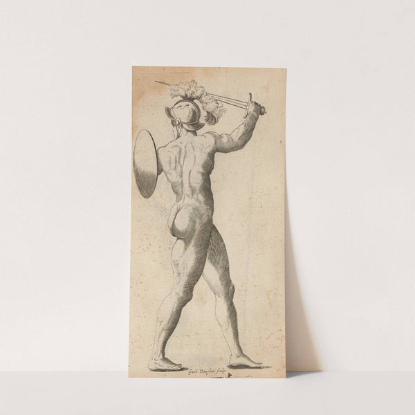 Plate VIII: Artist study of nude male soldier with shield and sword by William Salmon