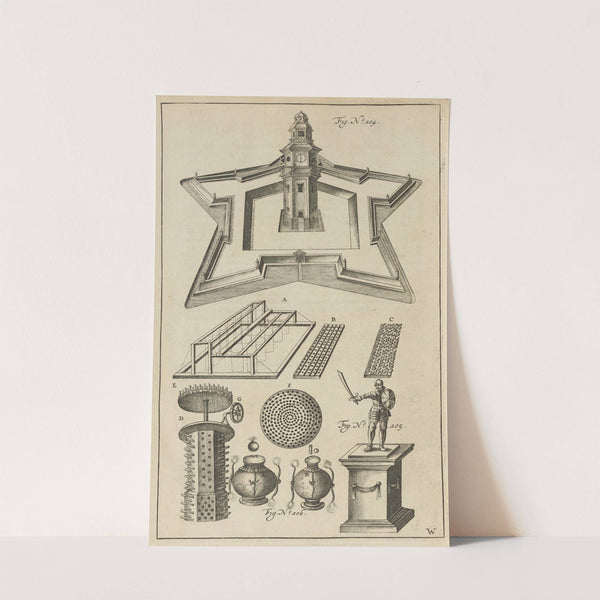 Plate W: Pyrotechnic set piece of a fortified castle: triumphal statue: military pyrotechnics by Jacob van Meurs
