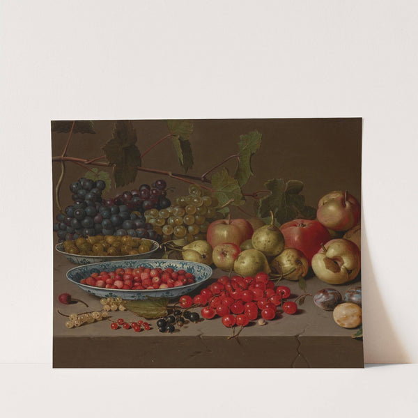 Plates of cherries and wild strawberries, with grapes, apples, pears, plums and other fruits on a stone ledge by Floris van Schooten