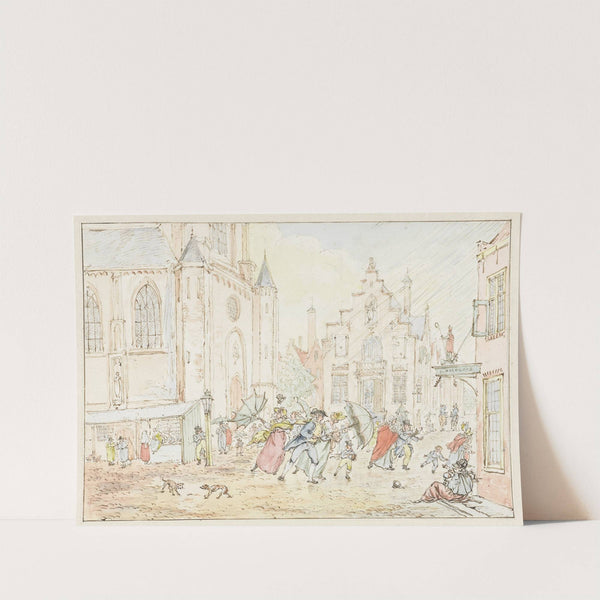 Plein met mensen in de regen by Pieter Bartholomeusz. Barbiers