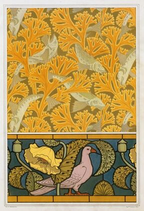 Poisson et algues, papier peint; pigeon et pavots, bordure de vitrail