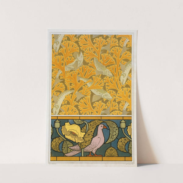 Poisson et algues, papier peint; pigeon et pavots, bordure de vitrail by Maurice Pillard Verneuil