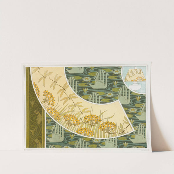 Poissons. Frise au pochoir. Libellules et butome, abat-jour. Cygnes et nénuphars, velours imprimé. by Maurice Pillard Verneuil