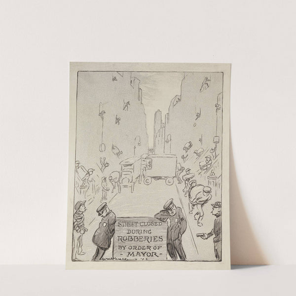 Police officers block the road and look the other way to allow a group of thieves to rob all the buildings on a street (1922) by William Henry Walker