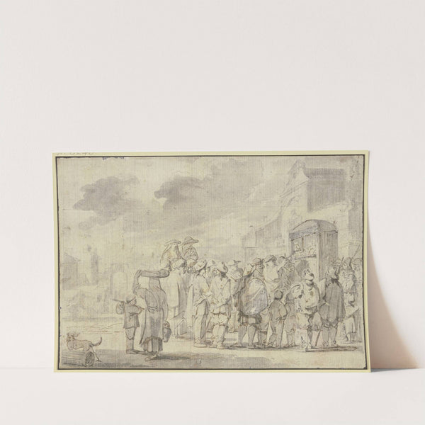 Policinellkasten vor einer Kirche, umgeben von vielen Zuschauern by Jan Miel