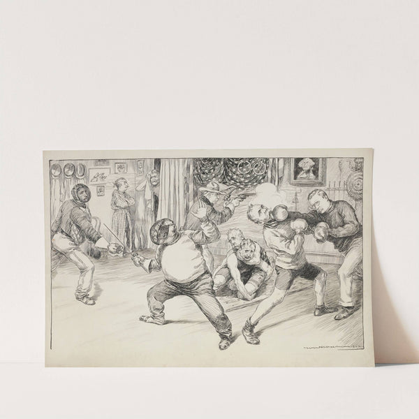 Politicians engaged in conflicts (fencing, wrestling, and boxing) in front of a portrait of George Washington, who is unhappy (1902) by William Henry Walker