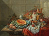 Porcelain, silver objects, fruit and shellfish on a table