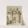 Portal eines Palastes, davor zwei Figuren und ein sitzender Hund by Jan de Bisschop