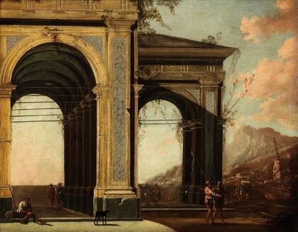 Portico With Loggia By The Sea, With Boats And Figures