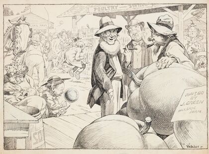 Portly man speaking with elder man on main street of very rural town. (1911)