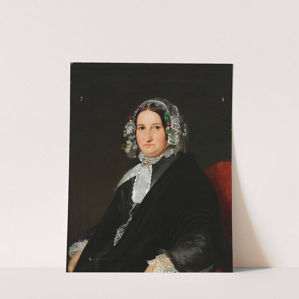 Portræt af en dame i sort silkekjole og kyse by Niels Peter Holbech