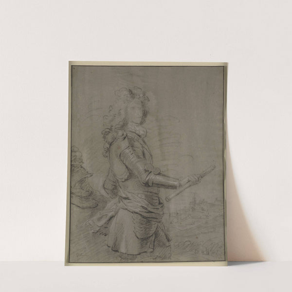 Portræt i knæfigur af en hærfører i rustning og med stav i højre hånd I baggrunden et landskab med en by by Sir Godfrey Kneller