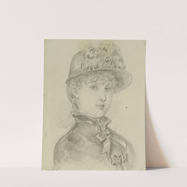 Portrait de femme de trois-quarts avec petit chapeau de plumes et veste à col haut et noeuds sur le devant (1878-1888) by Anaïs Colin-Toudouze