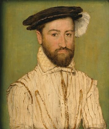 Portrait Of A Bearded Gentleman, In A Black Beret With White Plumage