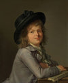 Portrait of a boy, in a black hat, leaning on a portfolio