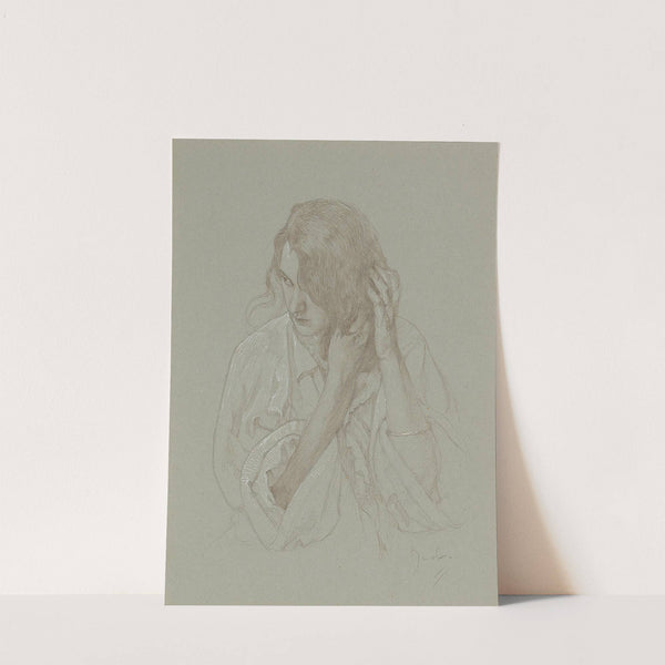 Portrait of a girl with hands in hair by Alphonse Mucha