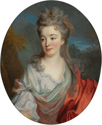 Portrait Of A Lady, Half Length, With A White Shirt And Red Sash, A Landscape Beyond