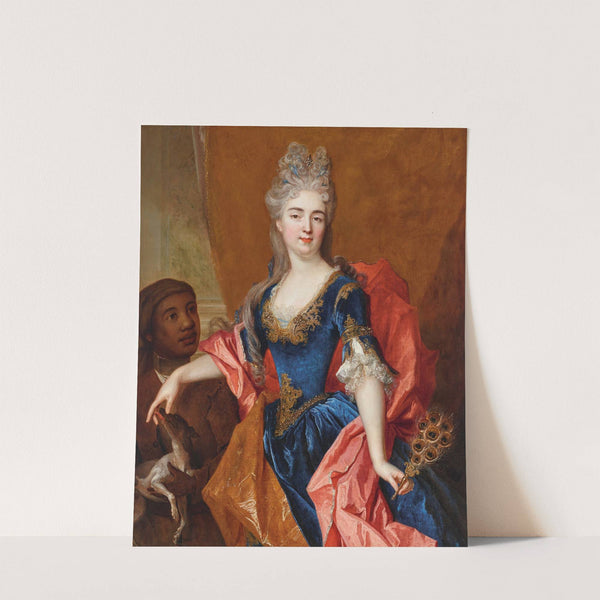 Portrait of a lady, holding a peacock feather fan with her servant, holding a dog by Nicolas de Largillière