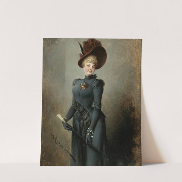 Portrait of a Lady in a Black Dress with a Burgundy Hat and Umbrella by Heinrich Lossow