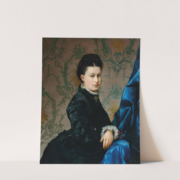 Portrait of a Lady in a Black Dress with Gold Ear Pendants before a Floral Wallpaper by Vlaho Bukovac