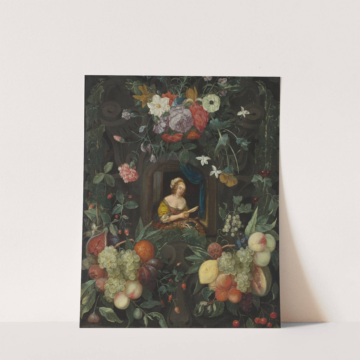 Portrait of a lady in a circle of flowers by Cornelis van Huynen
