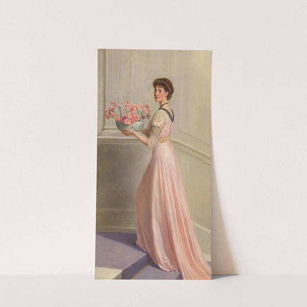 Portrait of a lady in pink carrying a bowl of pink carnations by John Collier