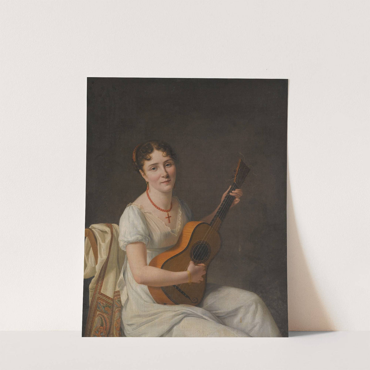 Portrait Of A Lady, Seated In An Interior, wearing a White Dress And Playing The Guitar by Circle Of François-Xavier Fabre