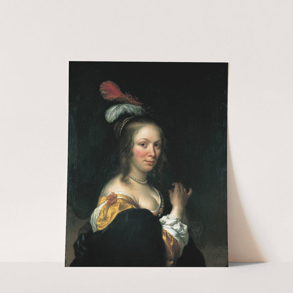 Portrait of a woman wearing a hat with feathers by Govert Flinck