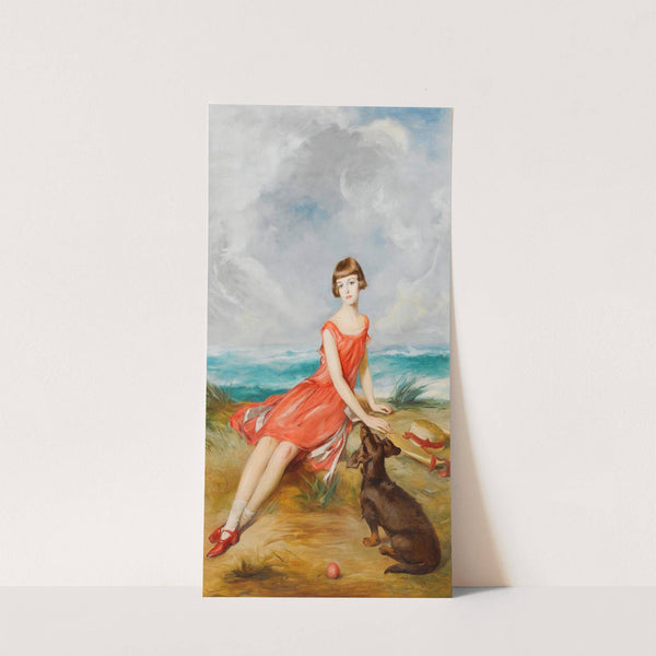 Portrait Of A Young Girl With Her Dog By The Sea by Adolf Pirsch