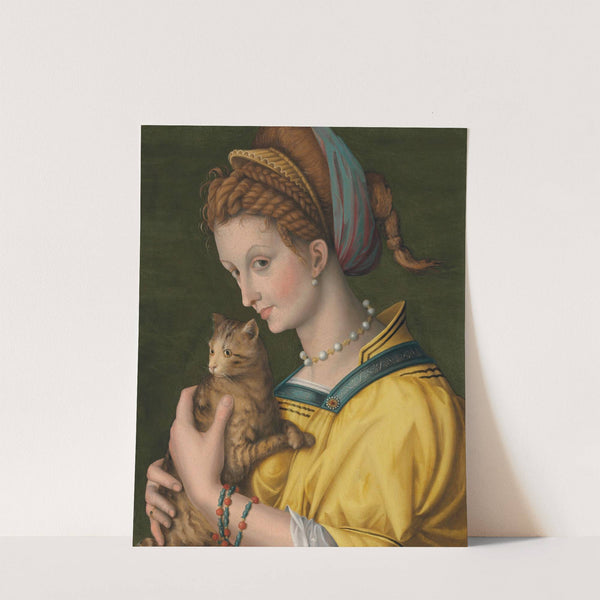 Portrait of a young lady holding a cat by Bacchiacca