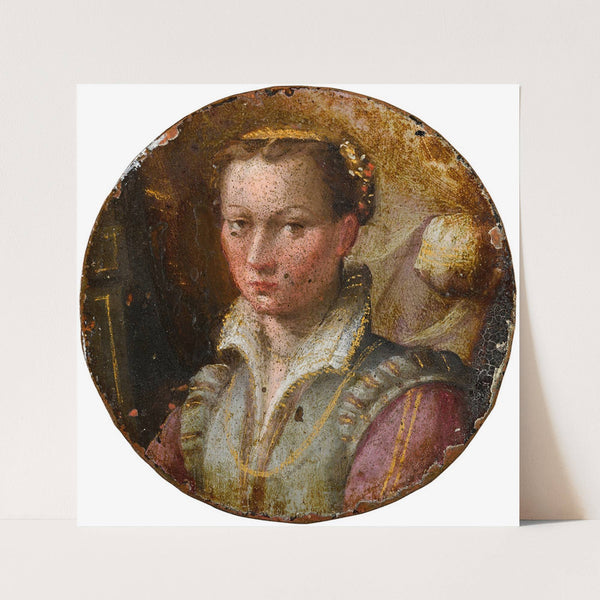 Portrait of a young woman, bust-length, in a green dress with pink sleeves by Lavinia Fontana