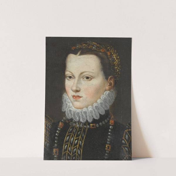 Portrait of a young woman, bust length, wearing an embroidered coat and a pearl necklace and headpiece (17th Century) by Italian School