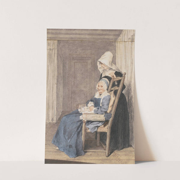 Portrait Of Marie Louise Petit, At The Age Of 105, With A Nurse Standing Behind by Louis Carrogis Carmontelle