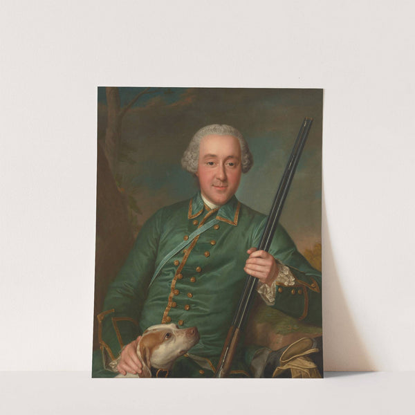 Portrait of Nicholas Anne de Lisle with a rifle and hunting dog by Marianne Loir