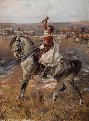 Portrait of Petőfi on horseback with a line of carts in the background