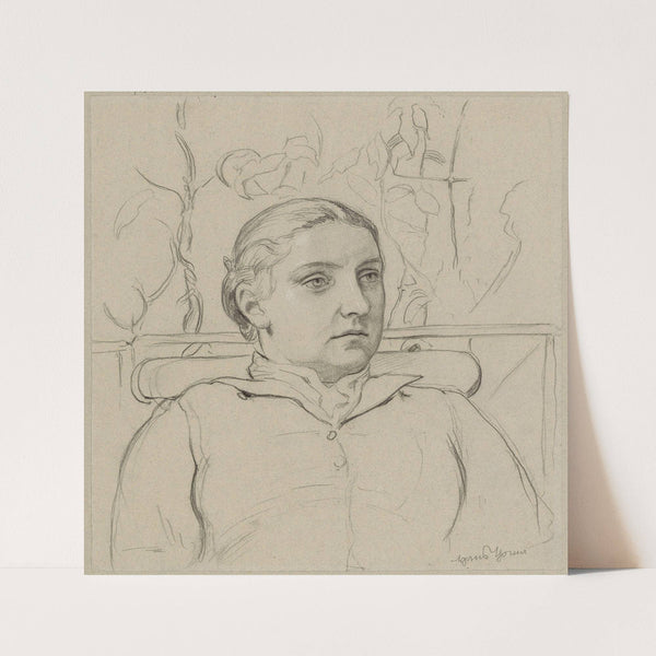 Portrait of the artist’s wife in bust, sitting on a bench against the background of greenery (1880 - 1900) by Hans Thoma