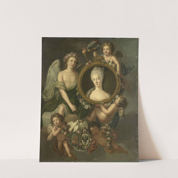 Portrait of Wilhelmina of Prussia in a medallion with allusions to her marriage to Prince William V on 4 October 1767 in Berlin (Frederika Sophia Wilhelmina) by Friedrich Reclam