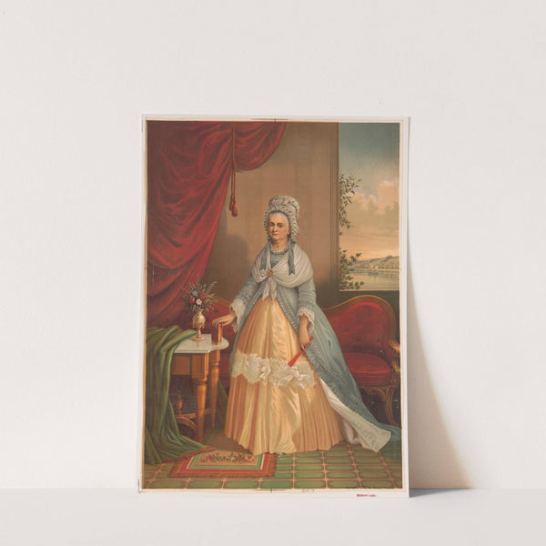 Portrait of woman holding fan and book standing in front of couch (1876) by Joseph Hoover