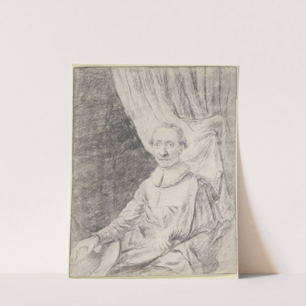 Porträt eines Mannes im Mantel, den Hut in der Hand, vor einem Vorhang sitzend by Frans van Mieris the Elder