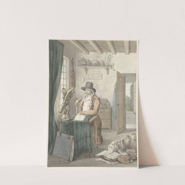 Portret van de kunstenaar Jacob Smies in een atelier met kunstvoorwerpen by Jacob Willemz. de Vos