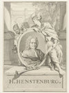 Portret van Herman Henstenburgh in ovaal vastgehouden door vrouwenfiguur en putto