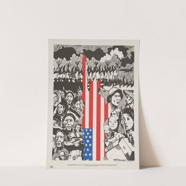 Poster showing composite drawing juxtaposing North American Indians with Vietnamese, with flag in shape of Statue of Liberty superimposed by Roland Winkler