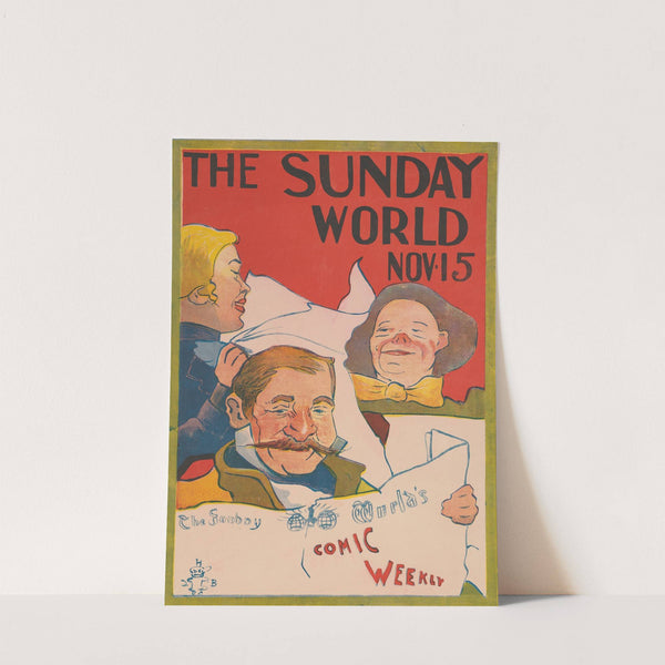 Poster shows an illustration of people reading the The Sunday World newspaper. by Anonymous