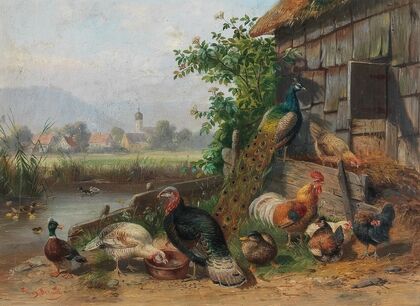 Poultry at the Pond, in the background a Village
