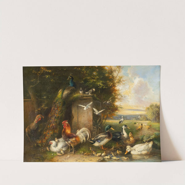Poultry with chicken, ducks and peacock by Julius Scheuerer